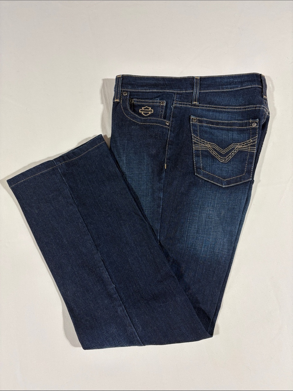 Harley-Davidson Women's Dark Blue Bootcut Jeans, Contrast Stitching & bling sz 8